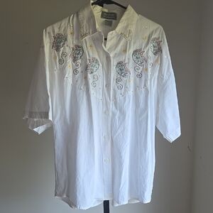 Vintage Fish Embroidered Jane Ashley 100% Cotton White Button-Up Shirt Size:L
